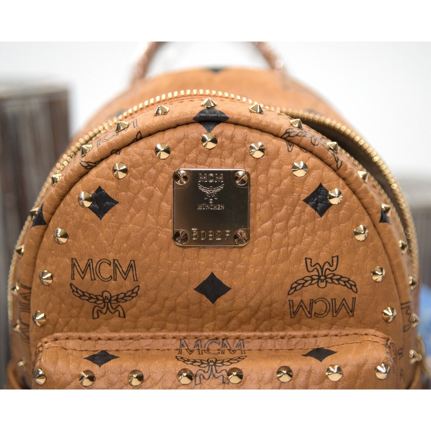 MCM Cognac Studded Viisetos Leather MINI Backpack Book Bag NWT