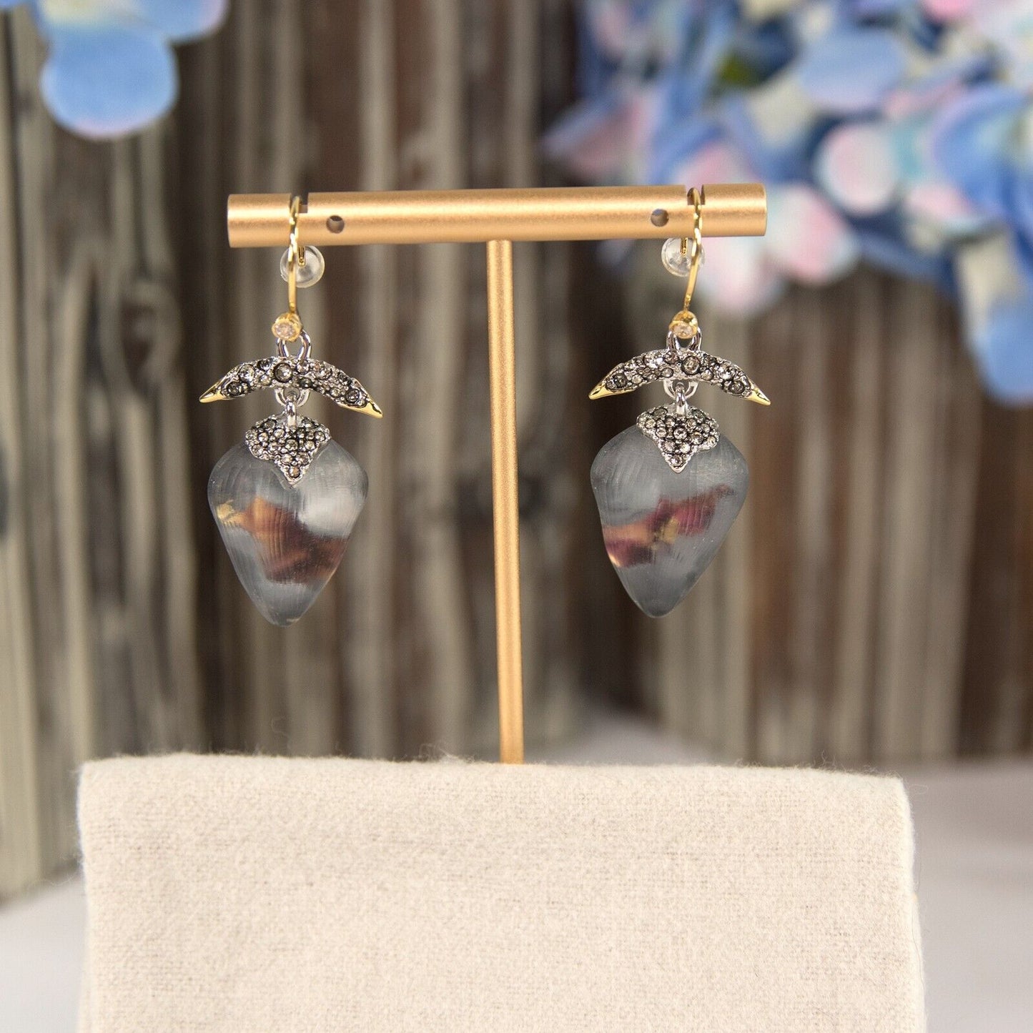 Alexis Bittar Smokey Lilac Lucite Solanales Crystal Gold Drop Earrings NWT