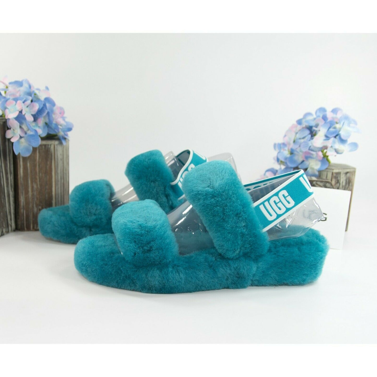 UGG Fluff Oh Yea Aqua Blue Sheepskin Fur Slippers Slides Sandals Sz 9 NIB