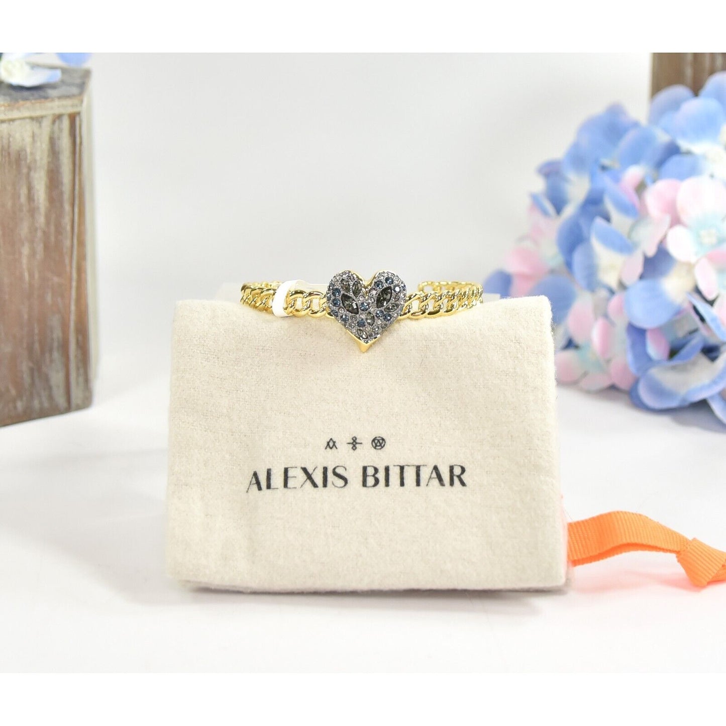 Alexis Bittar Solanales Sapphire Crystal Heart Macrame Cuff Bangle Bracelet NWT