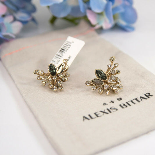 Alexis Bittar Gold Navette Starburst Crystal Large Stud Earrings NWT
