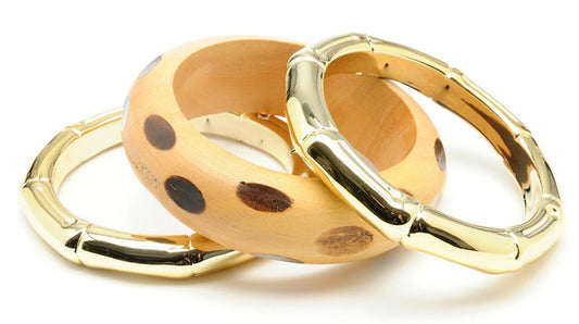 Amrita Singh Gold Wood Trinidad 3 Bangle Stretch Chunky Bracelet Set KB 034 NWT