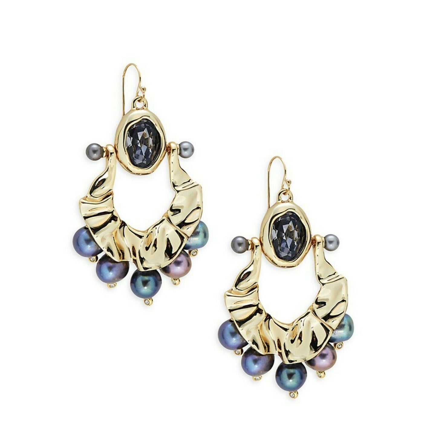 Alexis Bittar Gold Navette Crystal Pearl Chandelier Large Drop Earrings NWT