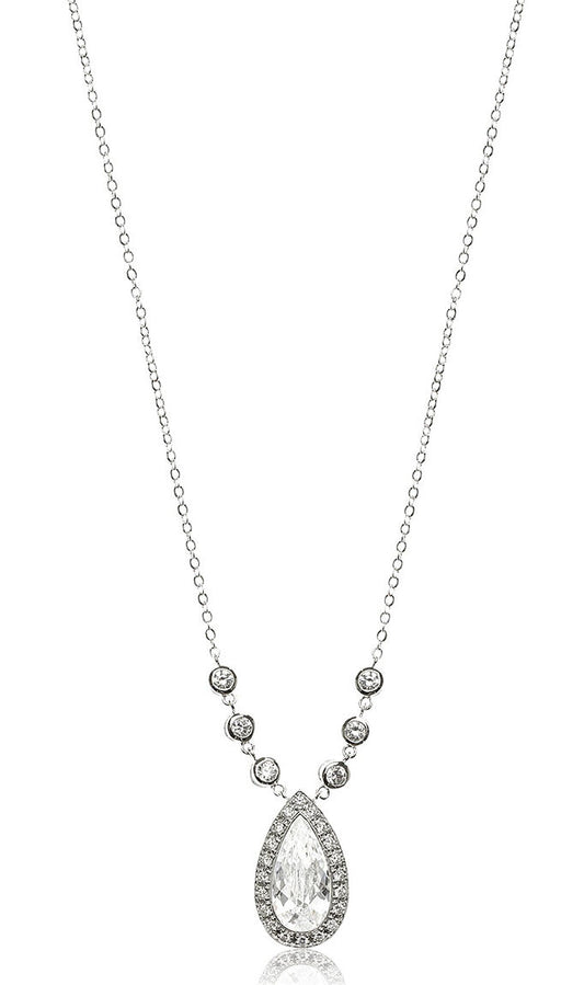 CZ by Kenneth Jay Lane Rhodium Pear Classic Frame Pendant Red Carpet Necklace