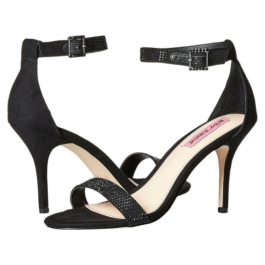 Betsey Johnson Brodway Black Satin Crystal Ankle Strap Heel Pumps 7.5 NWOB