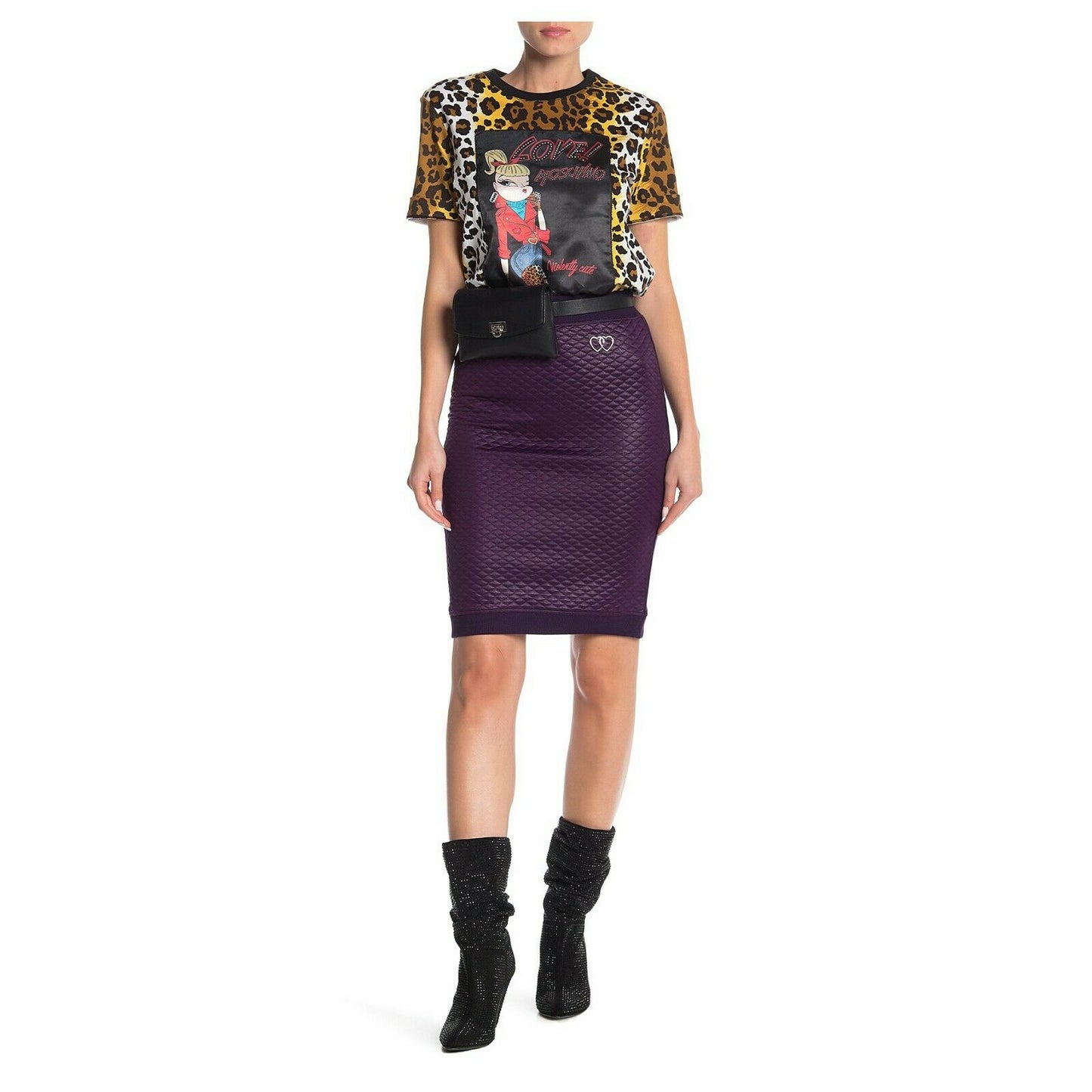 Moschino Love Violet Purple Quilted Satin Pencil Stretch Skirt 48 14 NWT $595