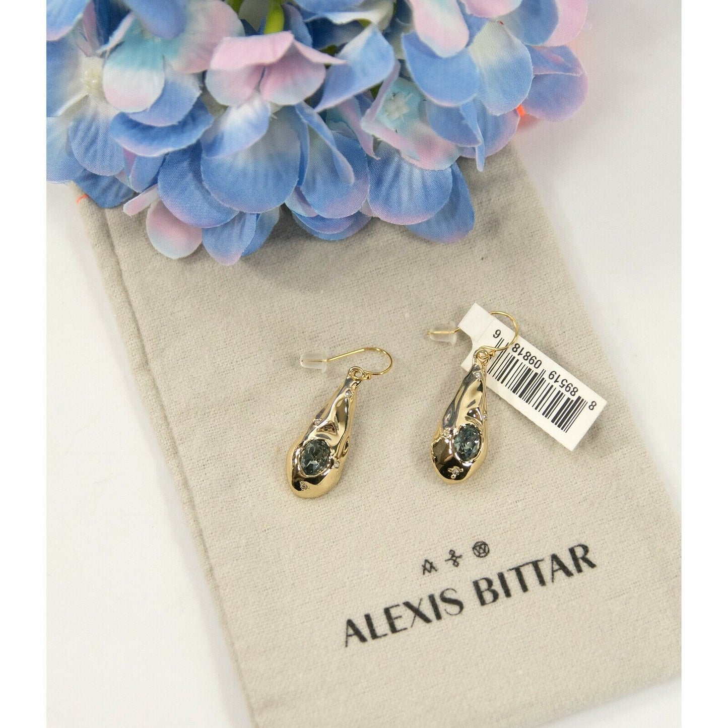 Alexis Bittar Gold Crumpled Metal Single Crystal Tear Drop Earrings NWT