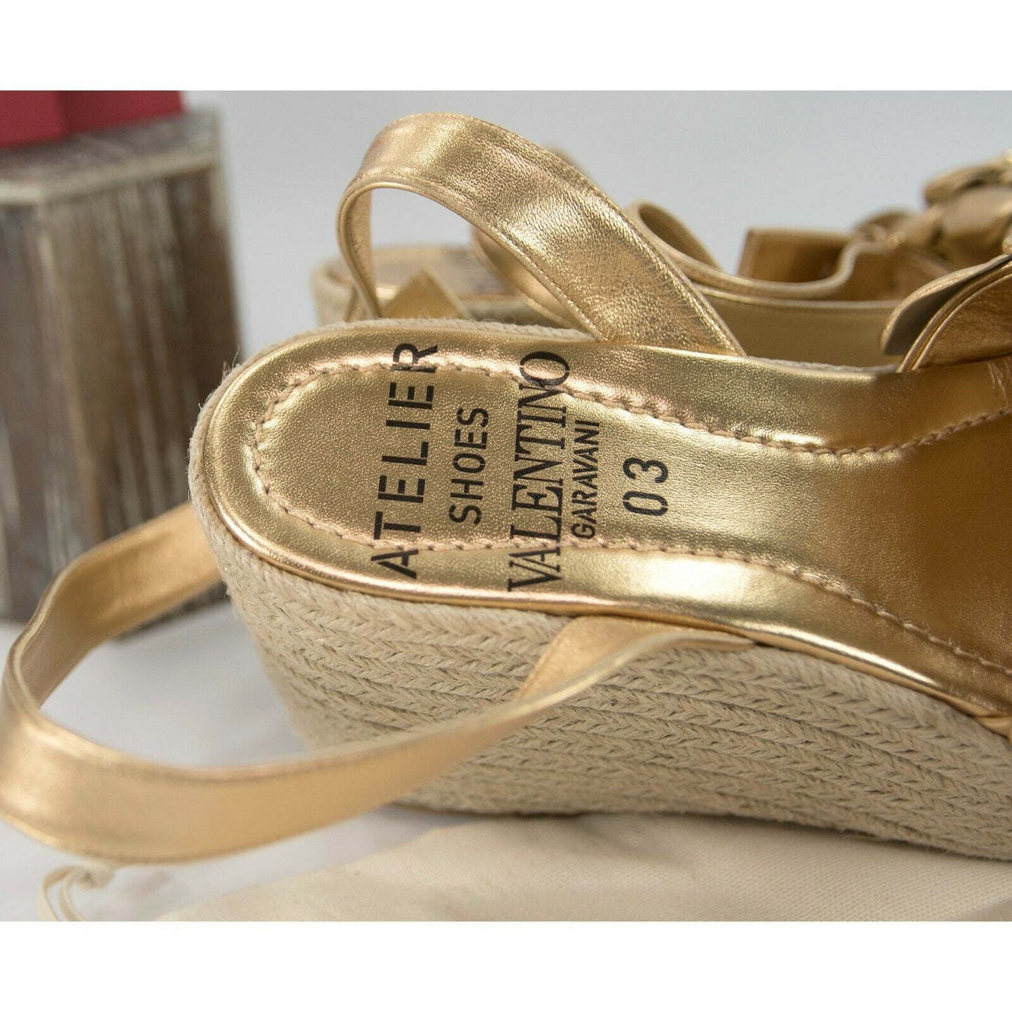 Valentino Atelier 03 Gold Camelia Rose Leather Espadrille Wedge Sandals 39 NIB