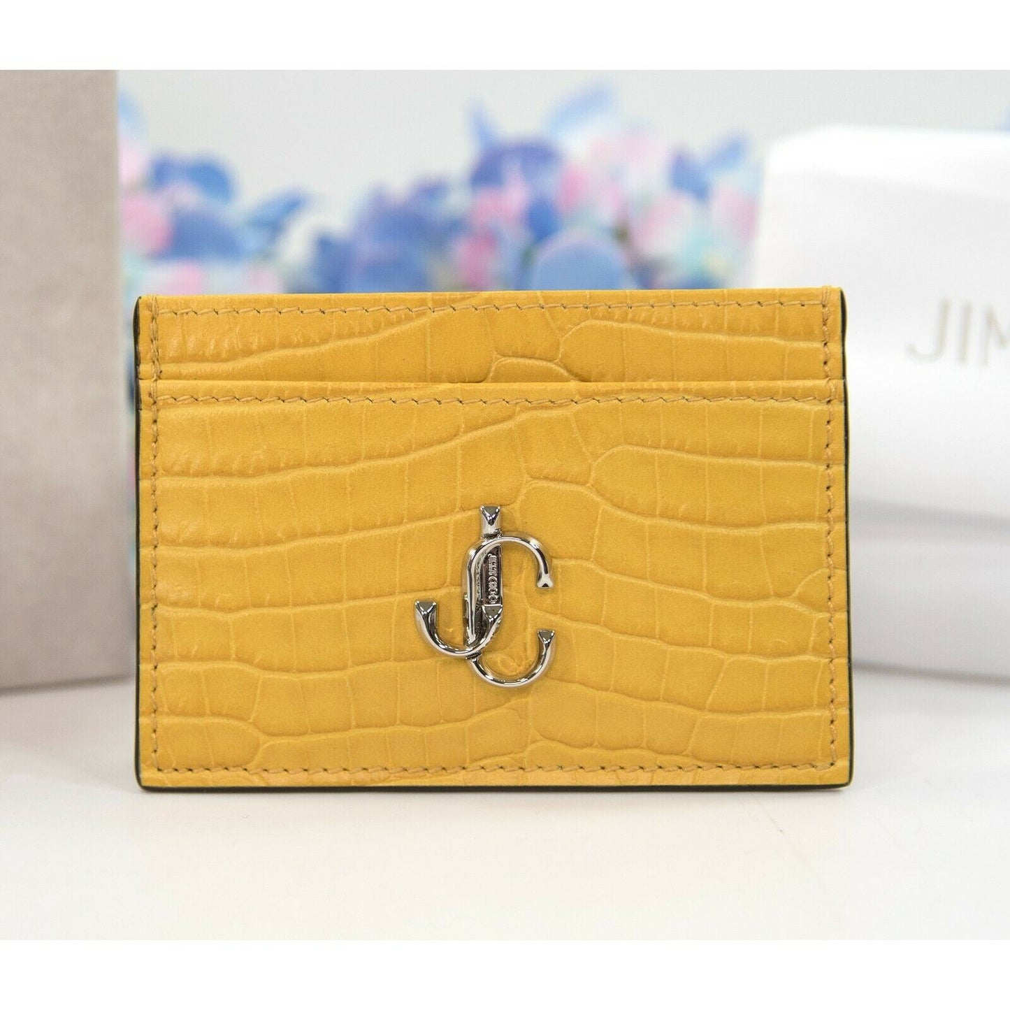 Jimmy Choo Umika Dark Sun Yellow Croc Leather Card Case Holder Wallet NWT