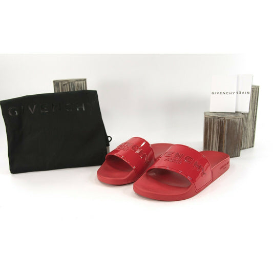 Givenchy Red Patent Debossed Logo Leather Rubber Pool Slides 38 NIB