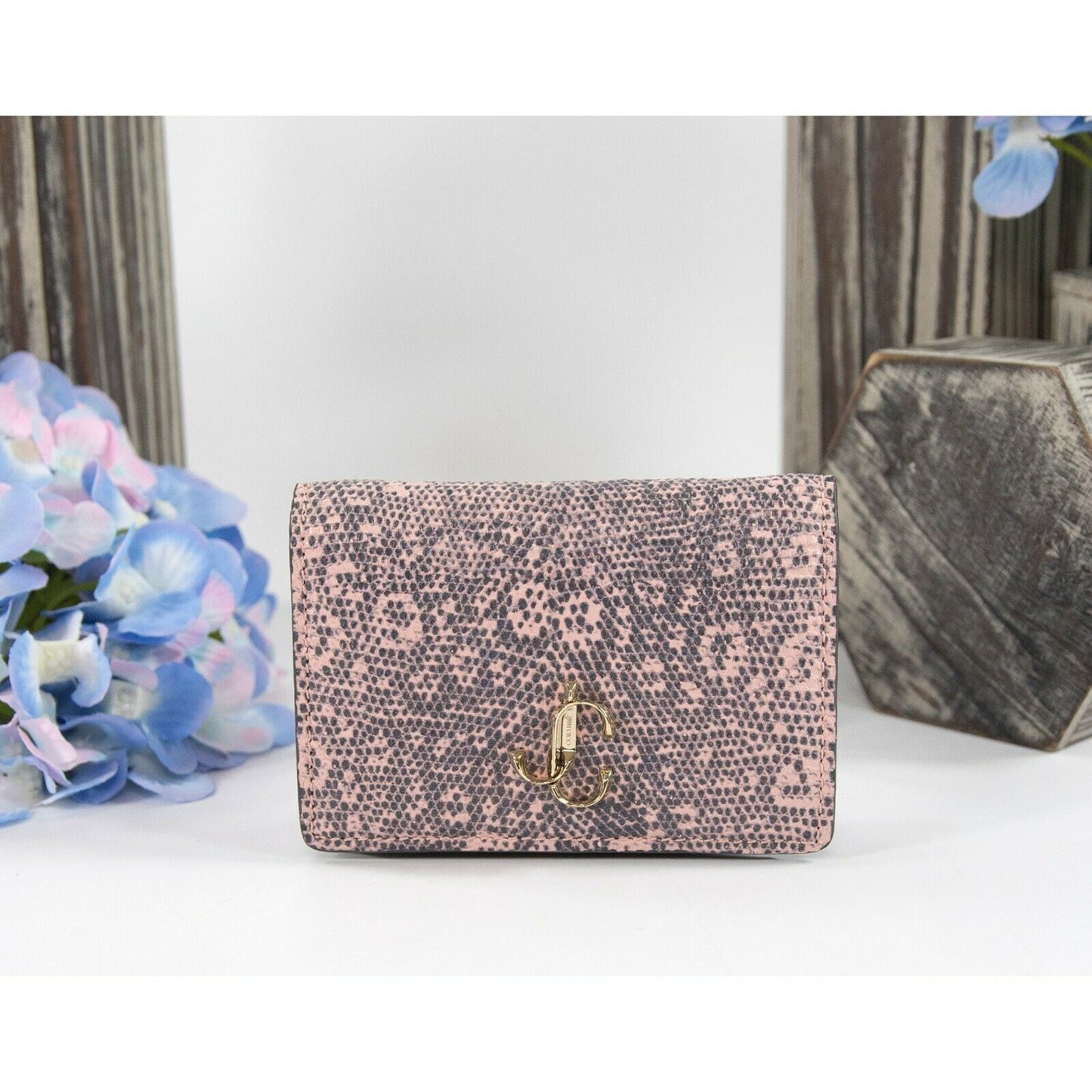 Jimmy Choo Pink Lizard Embossed Leather Compact Bifold Snap Wallet NWT