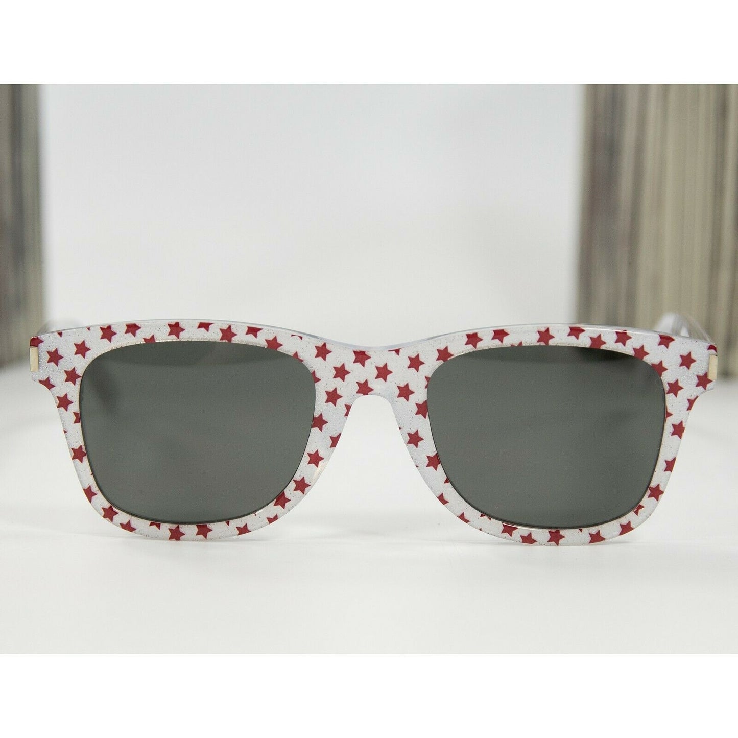 Saint Laurent Red Stars Silver Glitter Logo Acrylic Square Sunglasses NWT Case