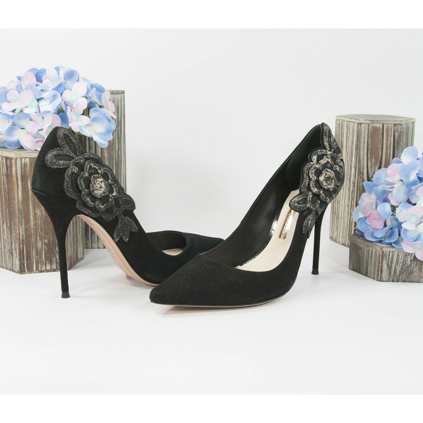 Sophia Webster Black Floral Applique Suede High Heel Pump Shoes 38