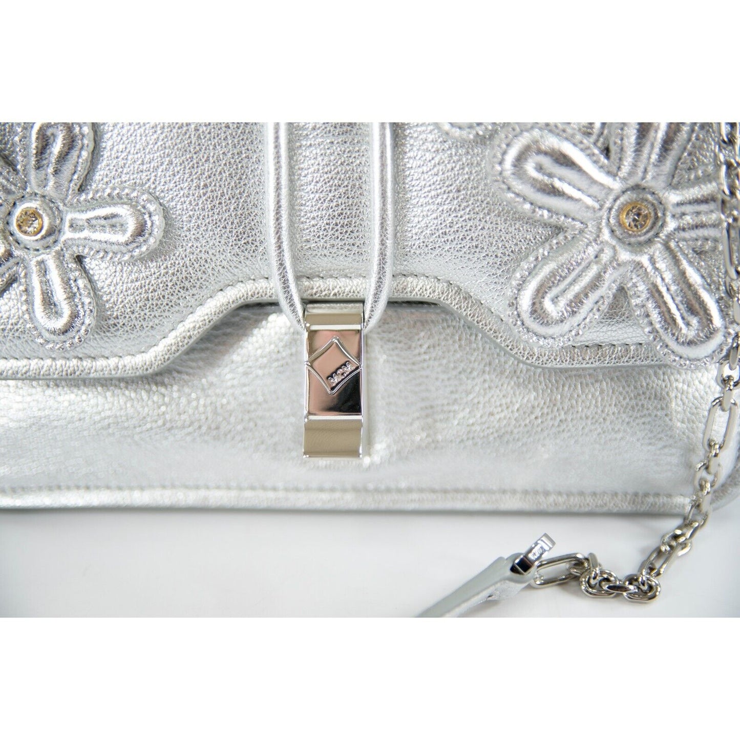 MCM Silver Leather Run Candy Small Crystal Flower Small Flap Shoulder Bag NWT