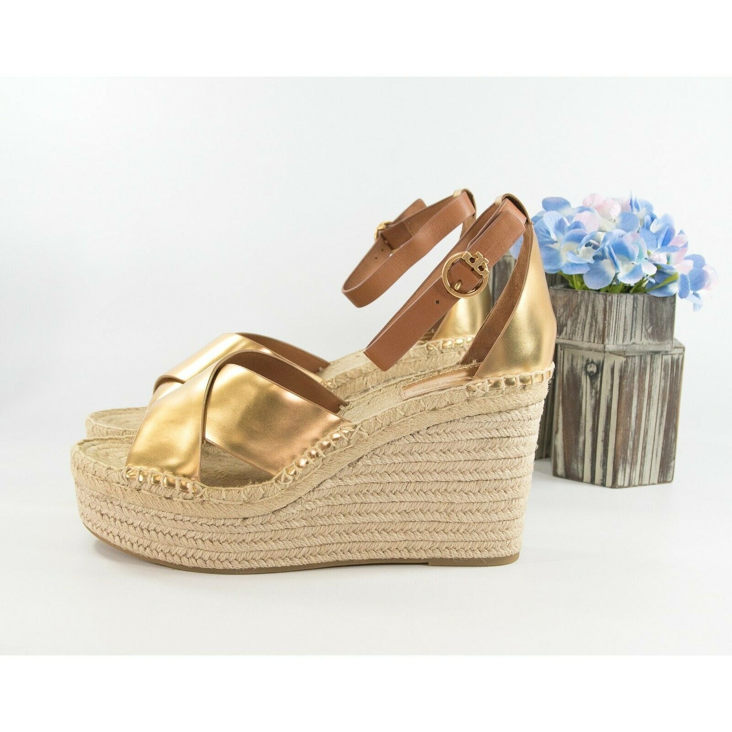 Tory Burch Selby 105MM Old Gold Calf Leather Platform Espadrille Wedge Heels 9.5