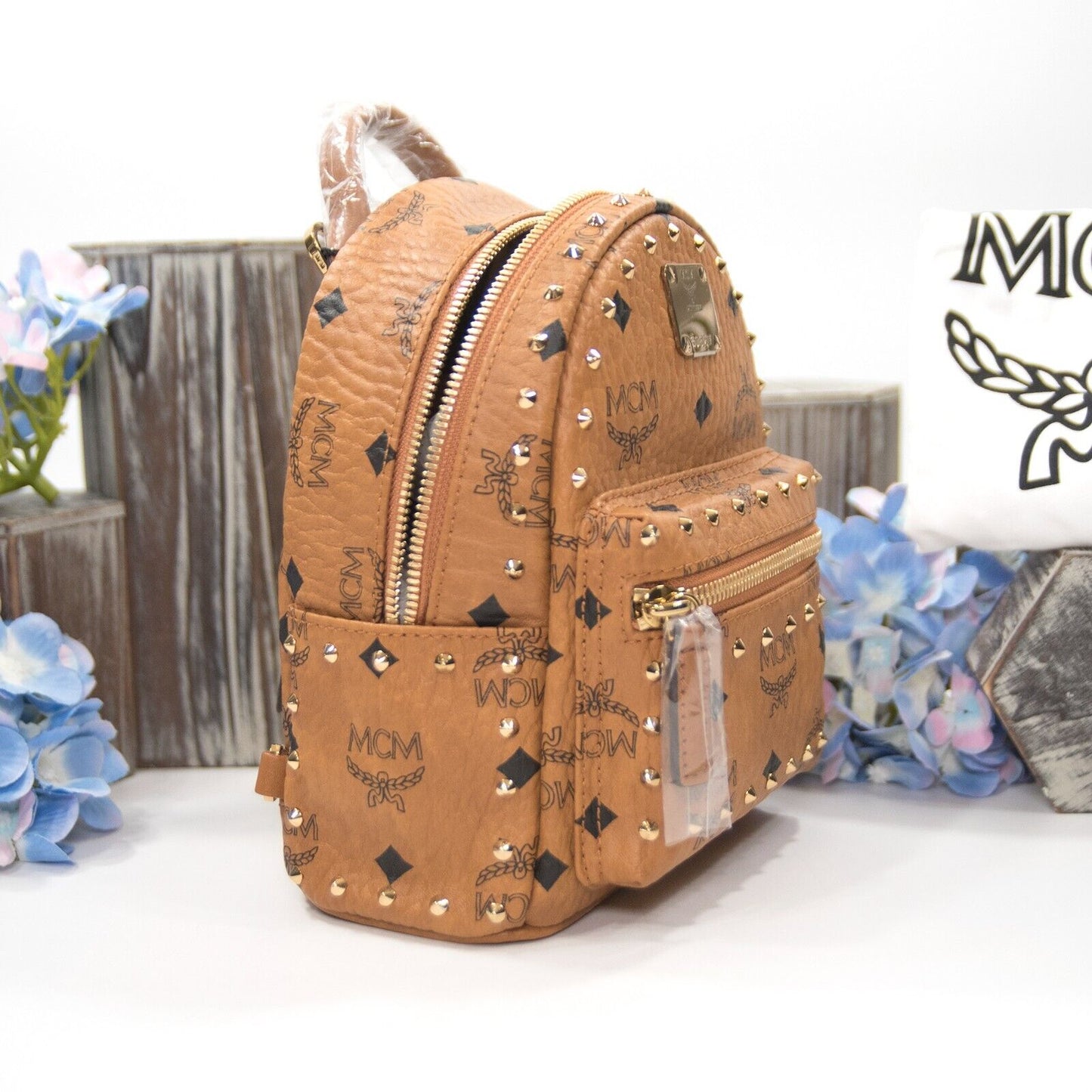 MCM Cognac Studded Viisetos Leather MINI Backpack Book Bag NWT