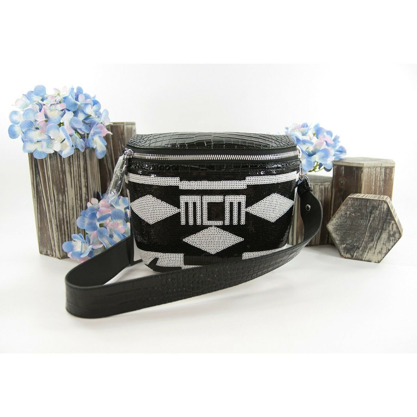 MCM Limited Edition Geo Croco Black White Sequin Logo Convertible Belt Bag NWT
