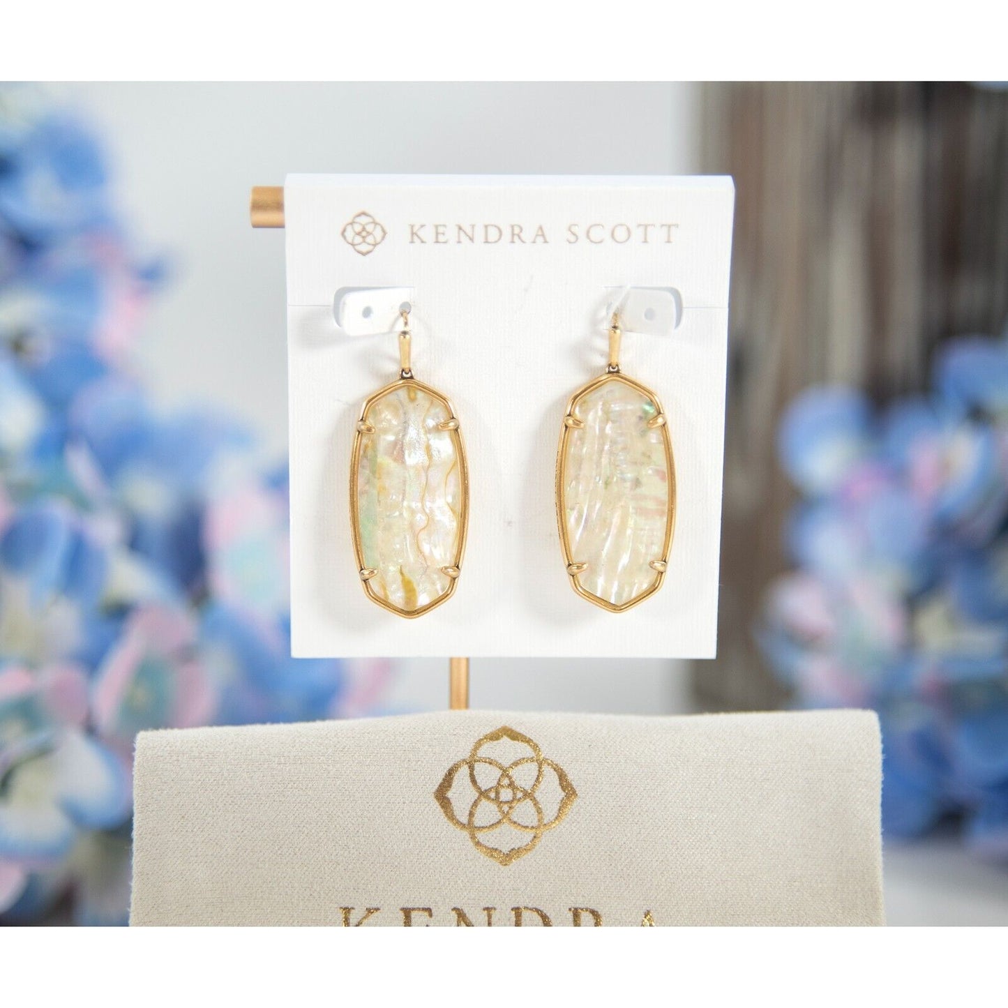 Kendra Scott Elle Faceted White Abalone Vintage Gold Statement Earrings NWT