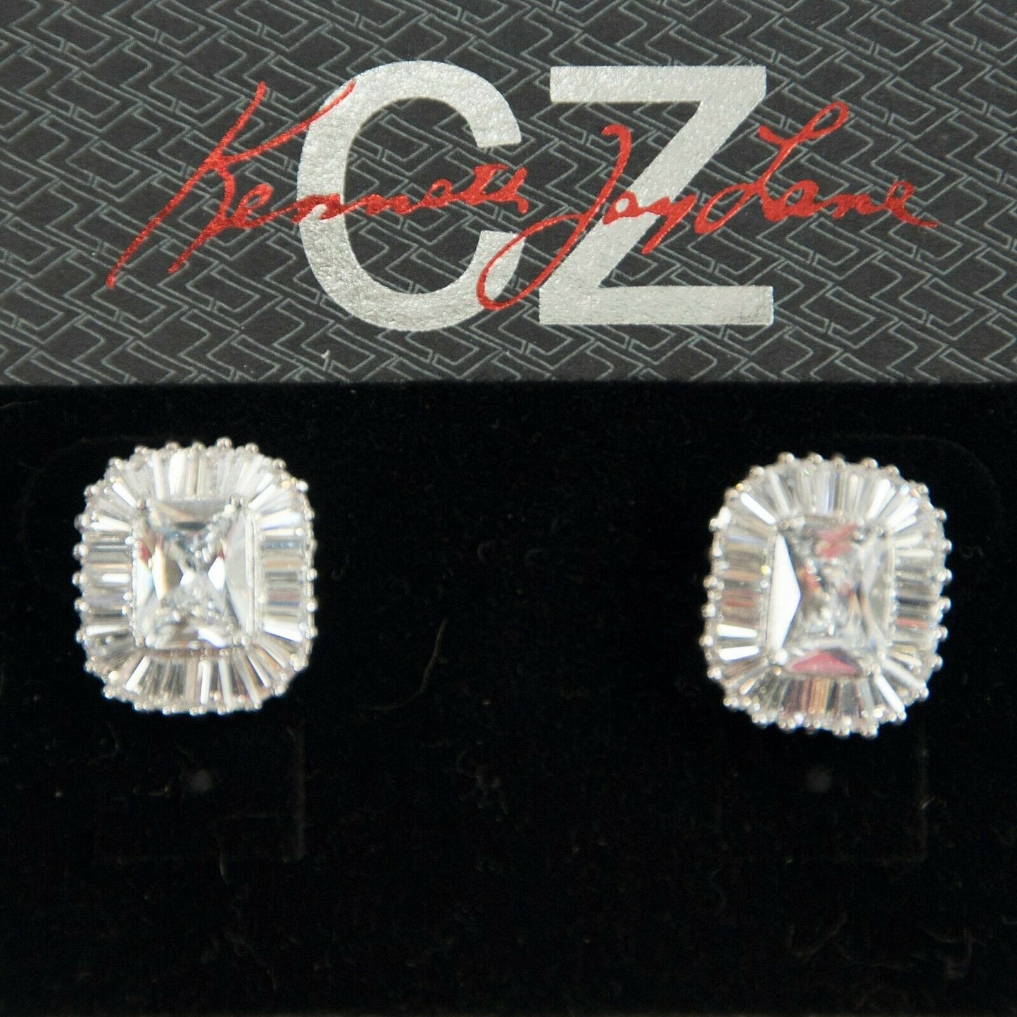 CZ Kenneth Jay Lane Rhodium Baguette Framed Emerald CZ Stud Earrings NWT