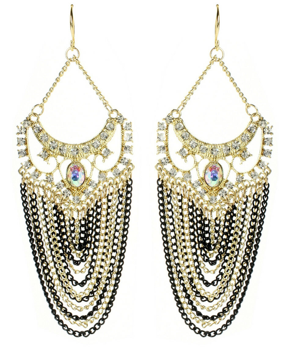 Amrita Singh Gold Black Chain Crystal Elizabeth Street  Earrings ERC 2027 NWT