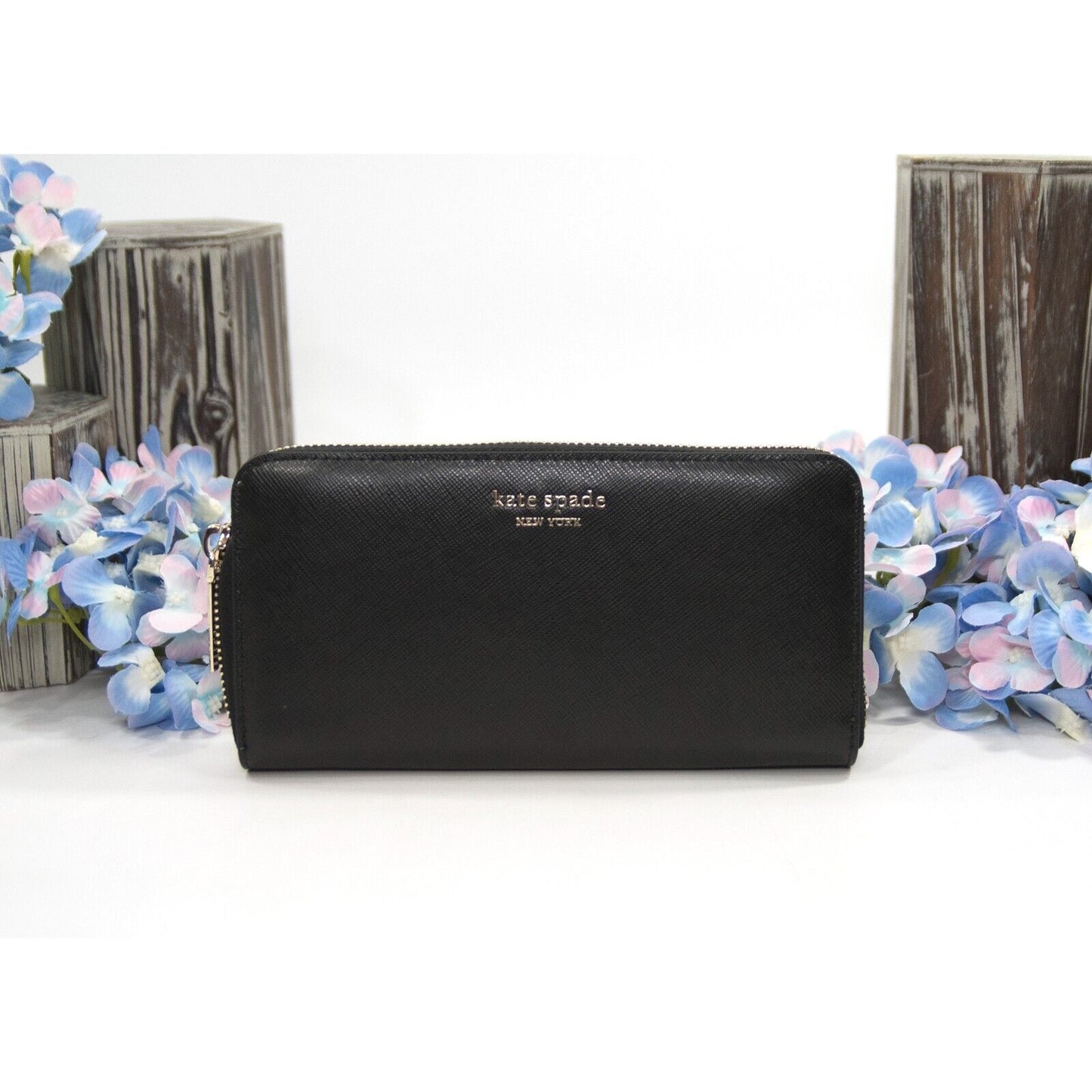 Kate Spade Spencer Black Leather Zip Around Large Continetal Lacey Wallet NWT