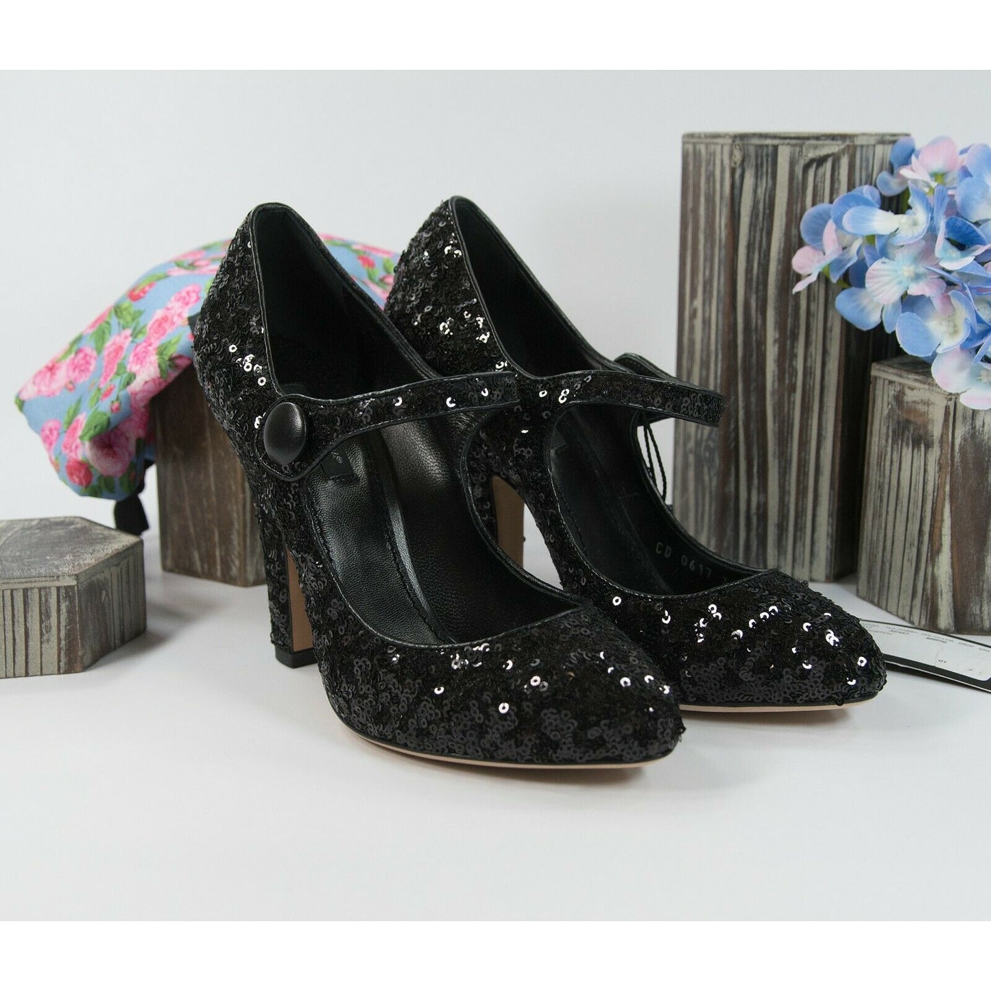 Dolce & Gabbana Black Sequin Leather Mary Jane Heels Size 38.5 NIB