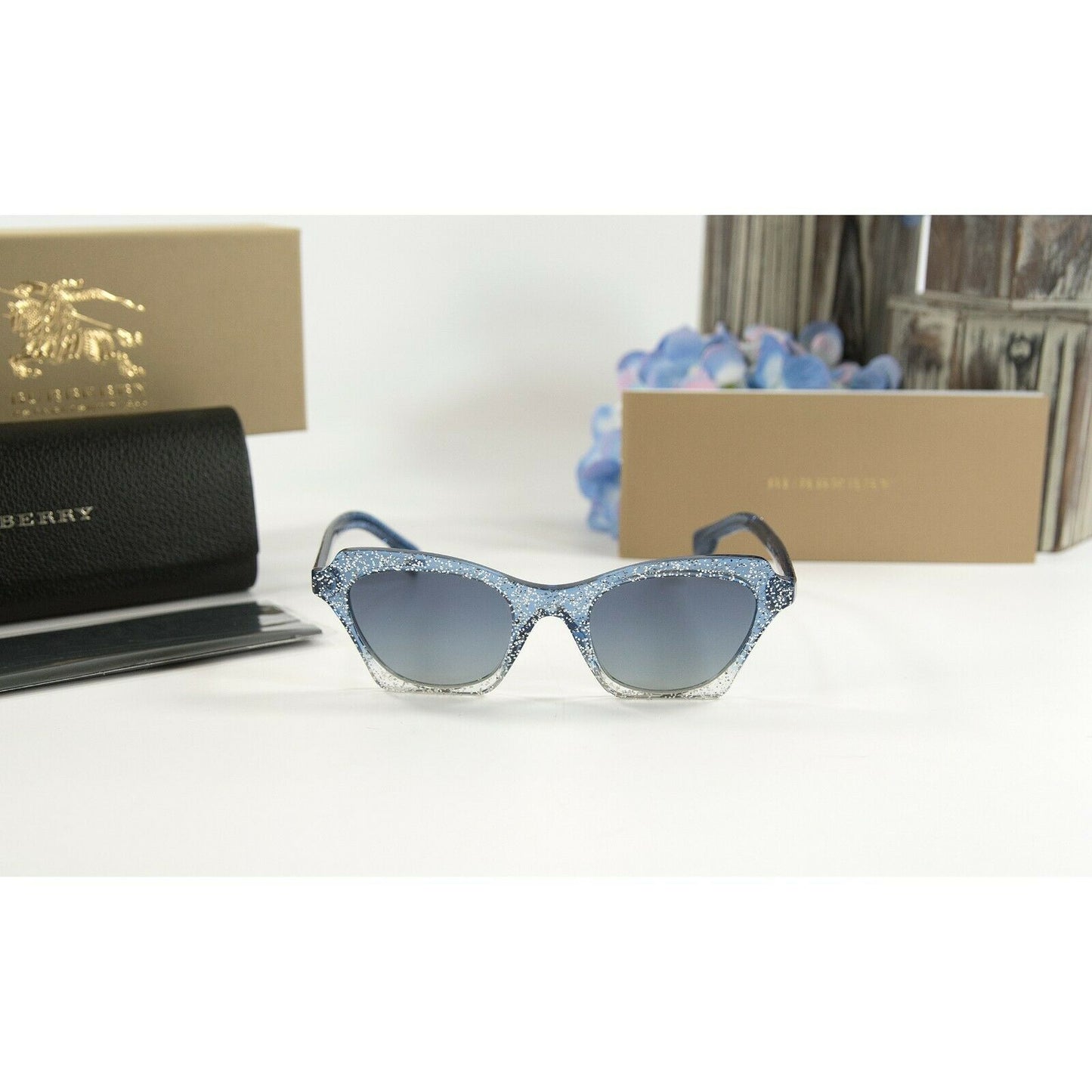 Burberry BE4283 Blue Glitter Acrylic Cat Eye Logo Sunglasses NWT Case