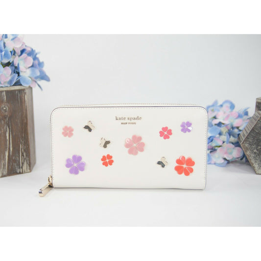 Kate Spade Ivory Leather Spencer Clover Butterfly Zip Around Lacey Wallet NWOT