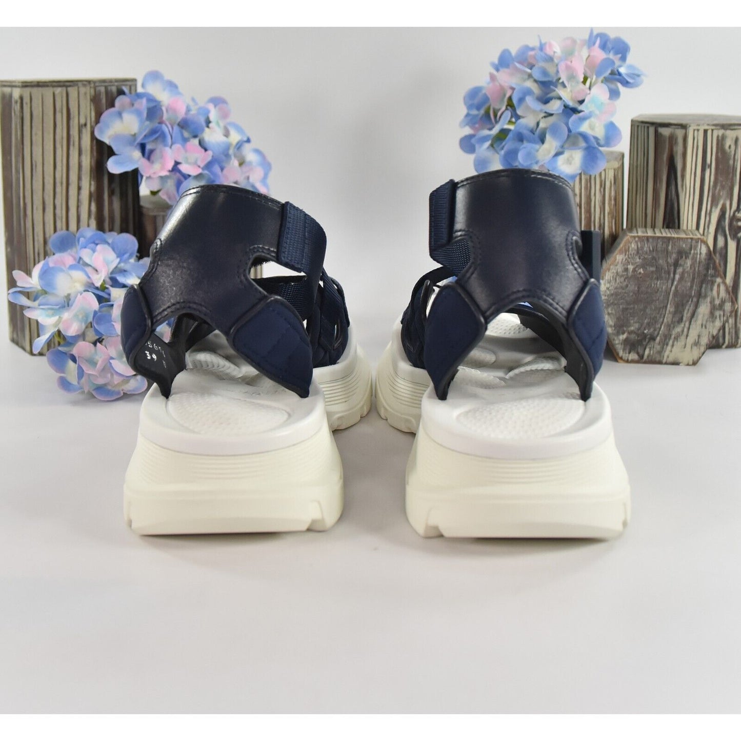 Alexander McQueen Navy White Hybrid Tech Leather Neoprene Sandals 39 NIB