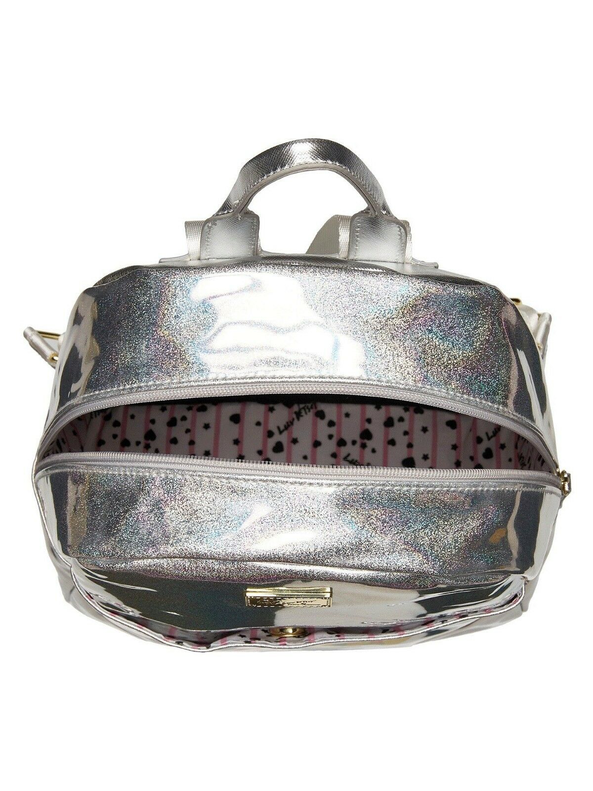 Betsey Johnson Mariss Rainbow Heart Iridescent Silver Metallic Backpack NWT