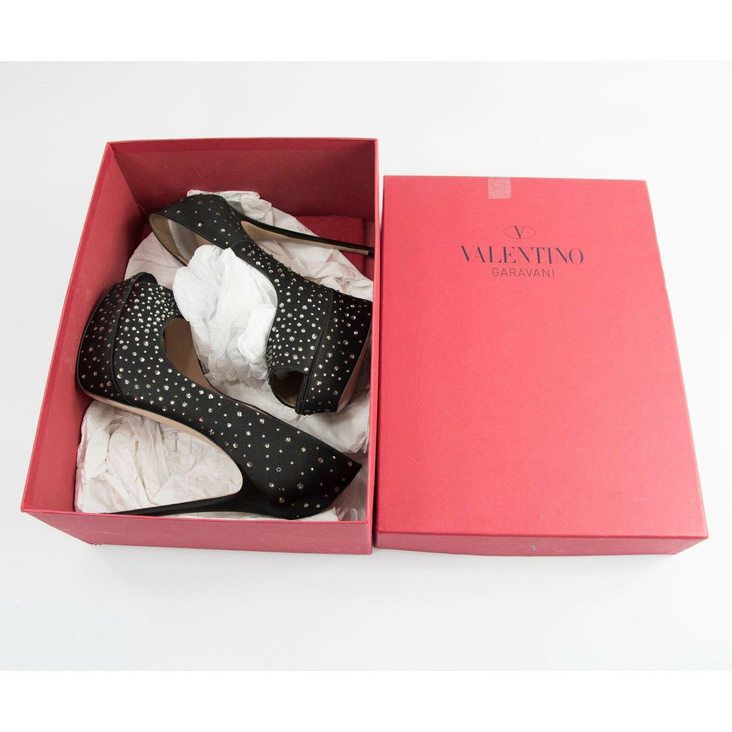 Valentino Black Satin Crystal Peep Toe Platform Runway Heels 39.5 9.5 $1950