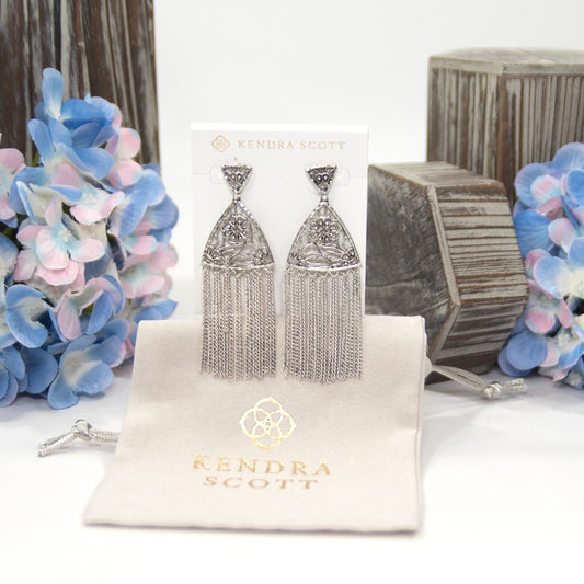 Kendra Scott Ana Floral Fringe Rhodium Drop Dangle Statement Earrings NWT