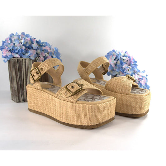 Coach Naomi Raffia Flatform Platform Sandal Heels Sz 9.5 NWOB C8903