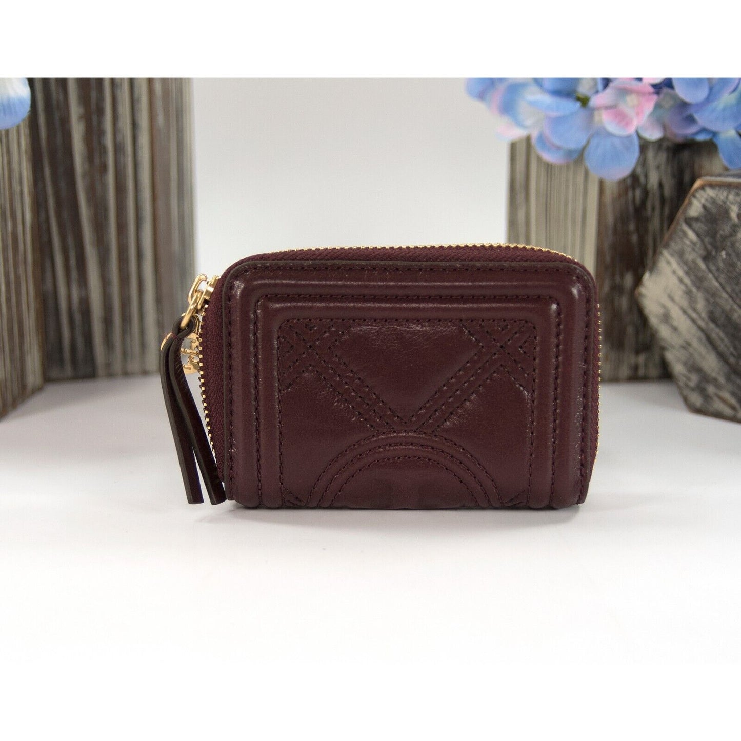 Tory Burch Nebbiolo Soft Waxed Leather Mini Compact Zip Around Wallet NWT