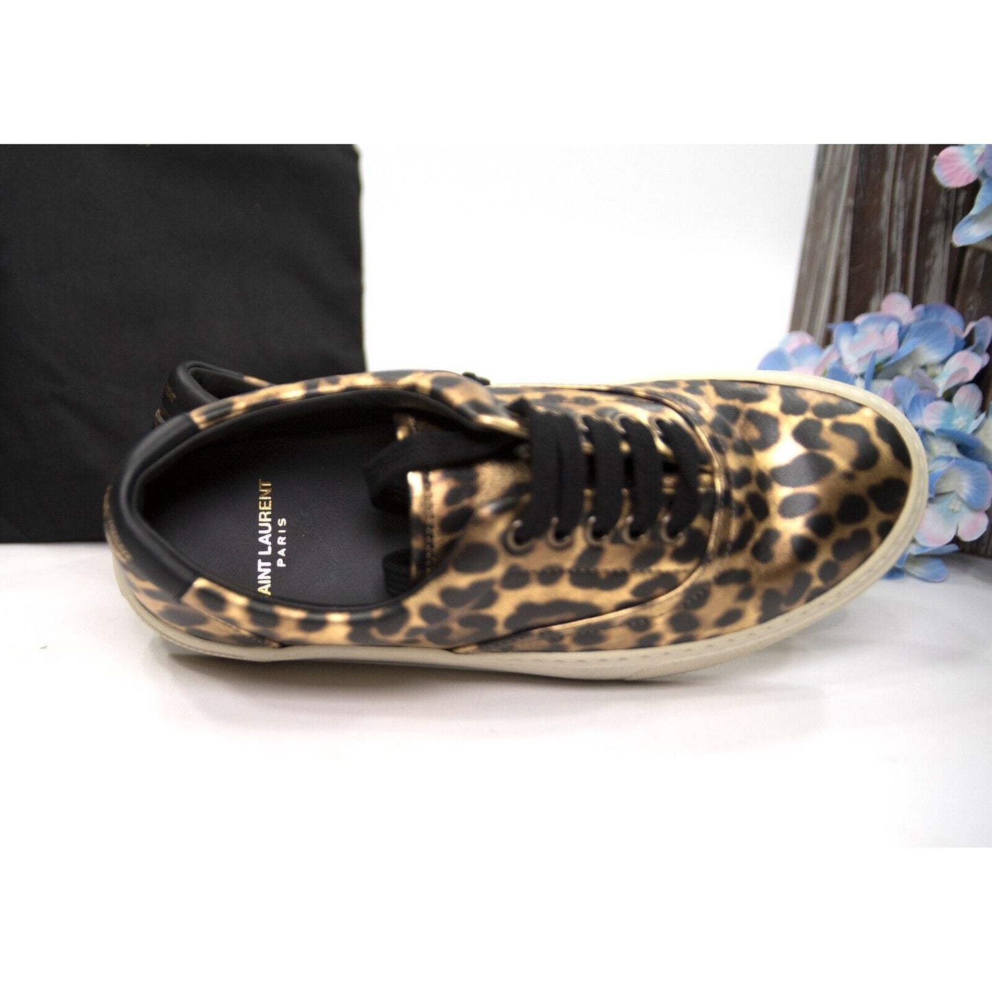 Saint Laurent Venice Black Gold Metallic Leather Leopard Sneakers 37 NIB