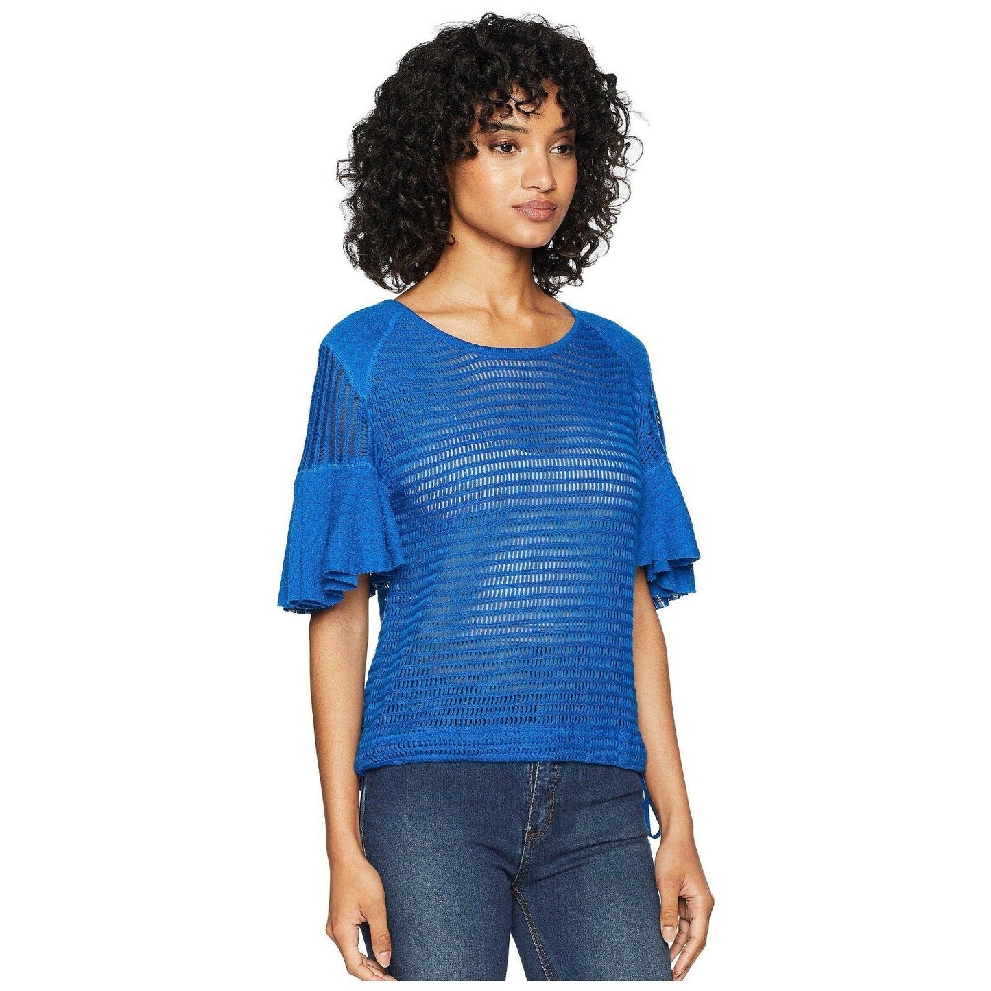 Free People F Babes Only Lasting Laguna Blue Flutter Sleeve Open Knit Top XS NWT