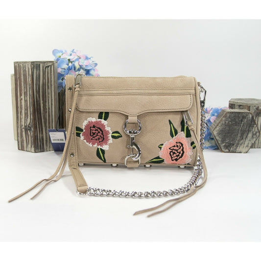 Rebecca Minkoff Mini MAC Sand Nubuck Embroidered Floral Crossbody Clutch Bag