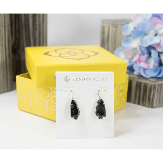 Kendra Scott Camelia Black Faceted Glass Rhodium Plated Drop Earrings NWT