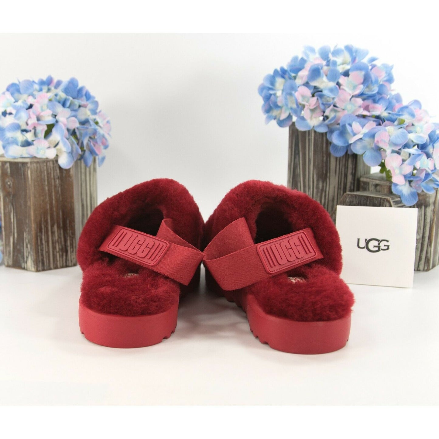 UGG Fluff Oh Yea Robe Red Sheepskin Fur Slippers Slides Sandals Size 6 NIB