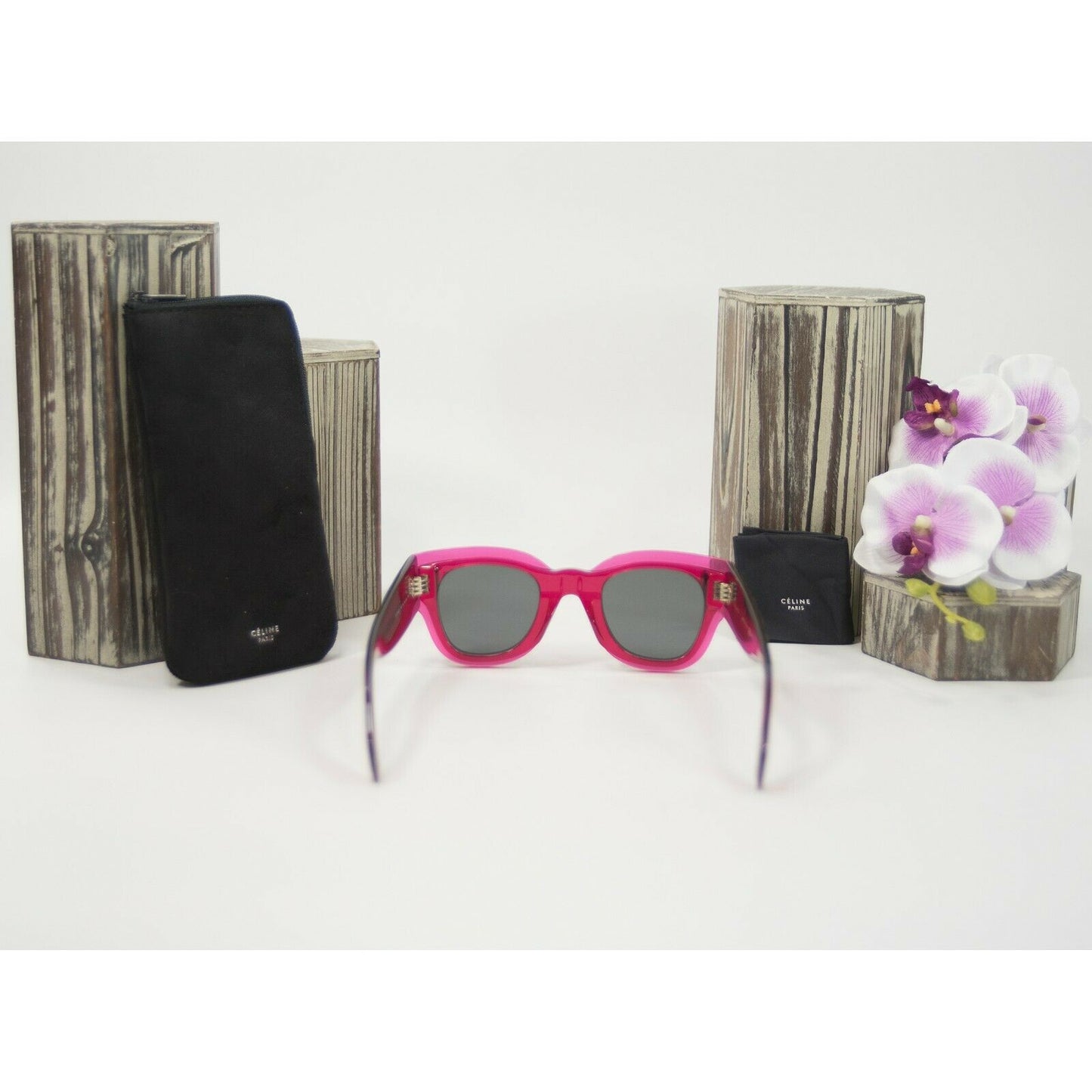 Celine Fuchsia Acrylic Cat Eye Logo Sunglasses NWT Case