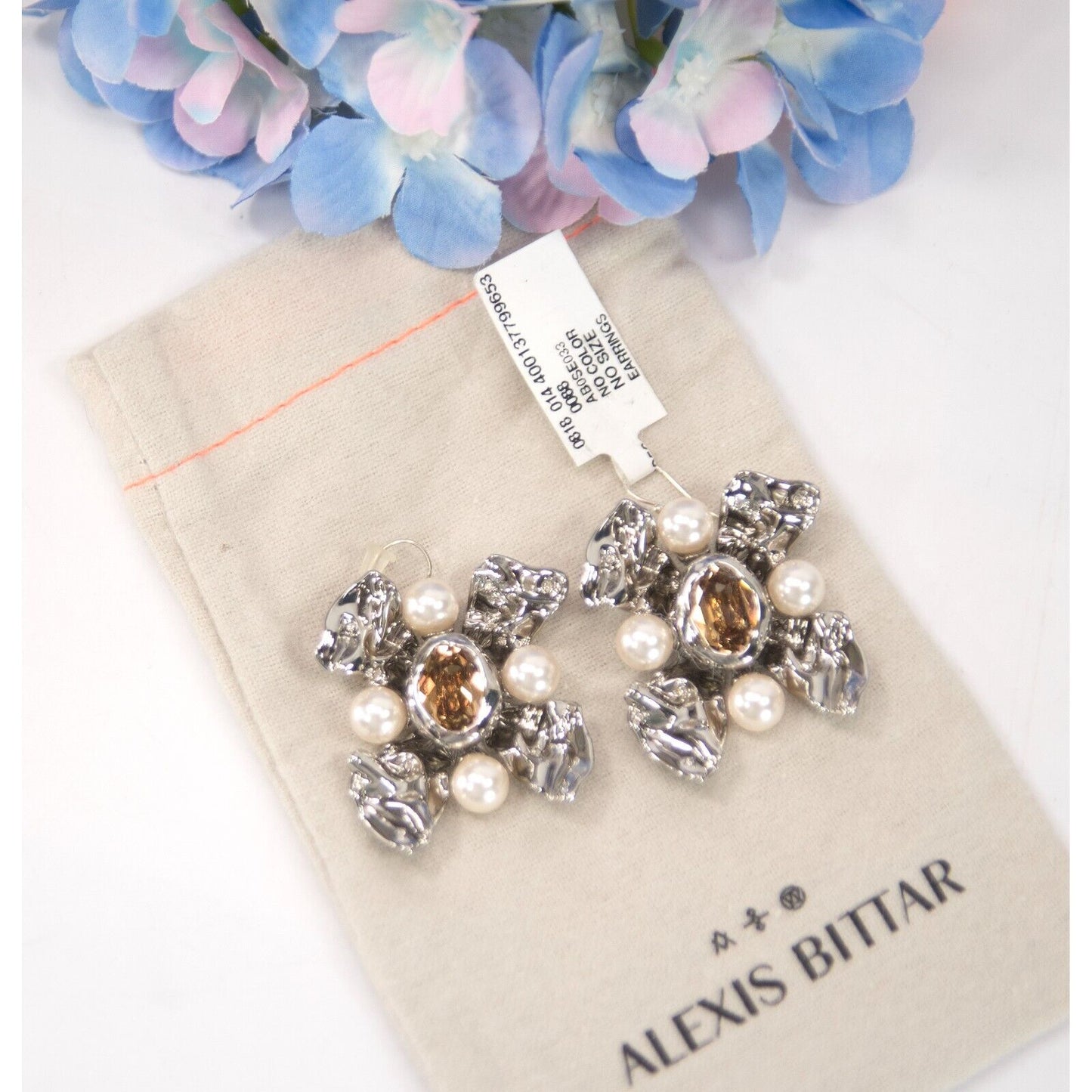 Alexis Bittar Byzantine Flower Crystal Faux Pearl Rhodium LARGE Earrings NWT