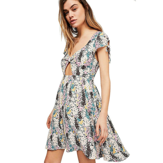 Free People Miss Right Ivory Floral Rayon Keyhole Cut Out Mini Dress LG NWT