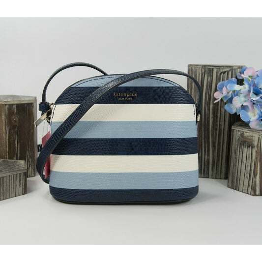 Kate Spade Sylvia Blue Lizard Embossed Stripe Leather Medium Dome Crossbody NWT