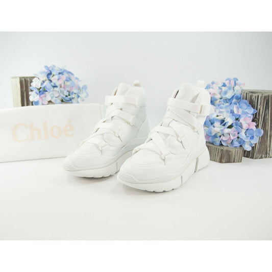 Chloe White Lambskin Leather Sonnie Western High Top Sneakers 36 NIB