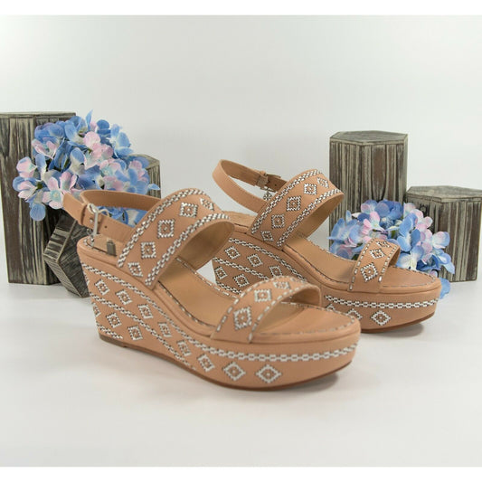 Tory Burch 80MM Natural Vachetta Leather Silver Woven Ankle Strap Wedge Heels 9