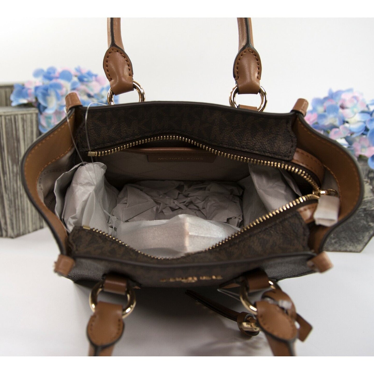 Michael Kors Brown Monogram Acorn Leather Kris Small Satchel Shoulder Bag NWT