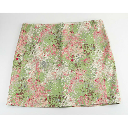 J Crew Green Pink Floral Print Sateen Stretch A Line Skirt 6 EUC