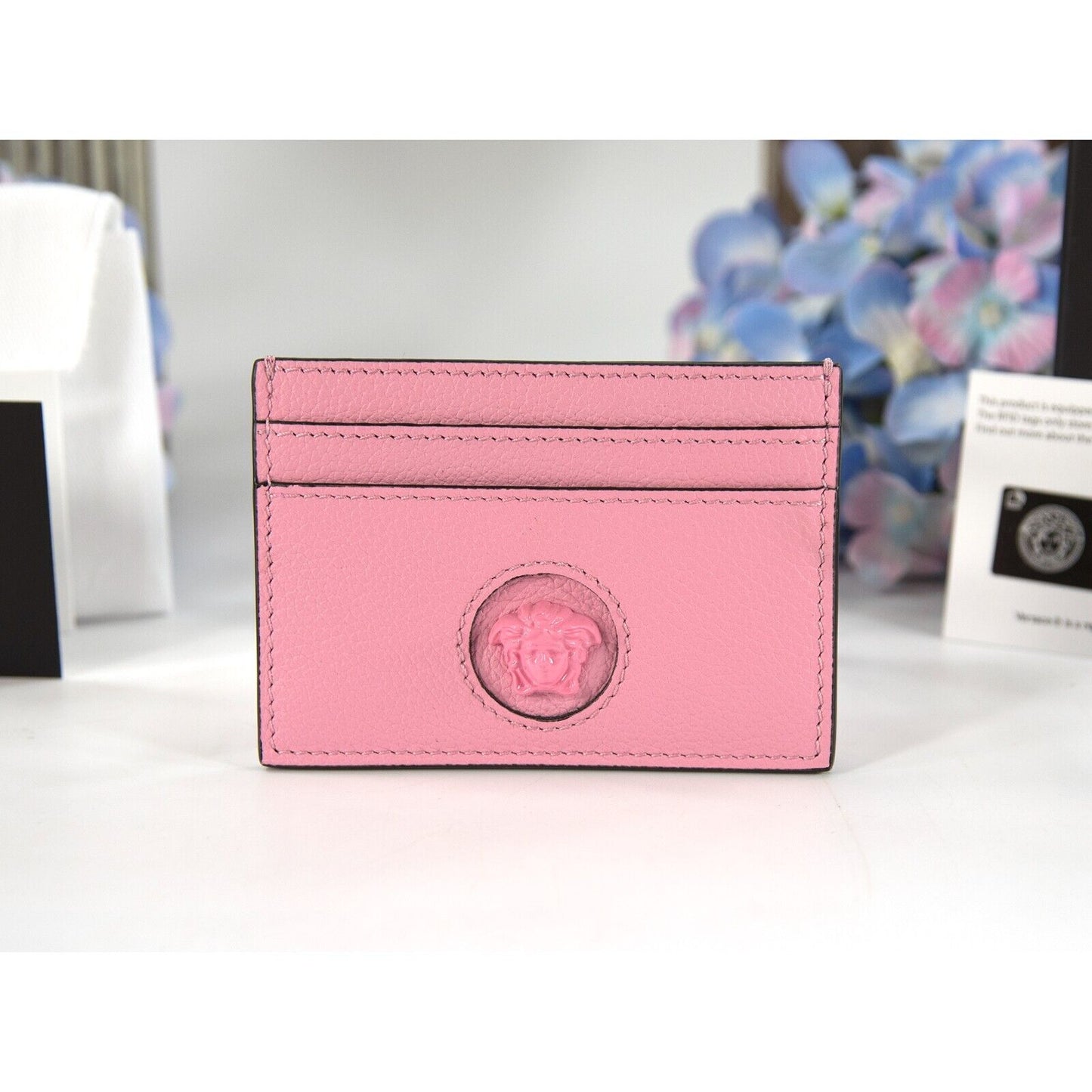 Versace Medusa Head Pink Gold Leather Card Case Holder NWT