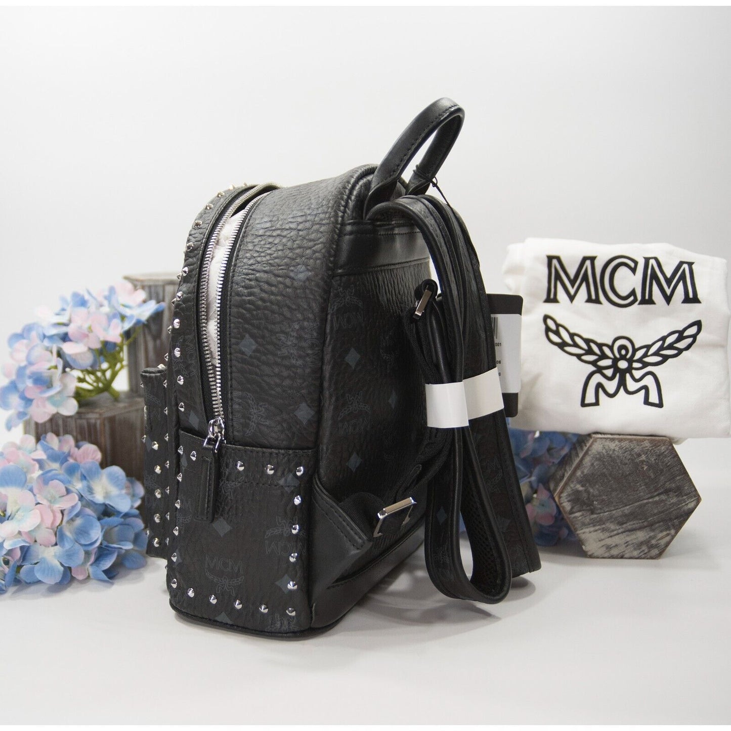 MCM Black Studded Viisetos Leather Backpack Book Bag NWT