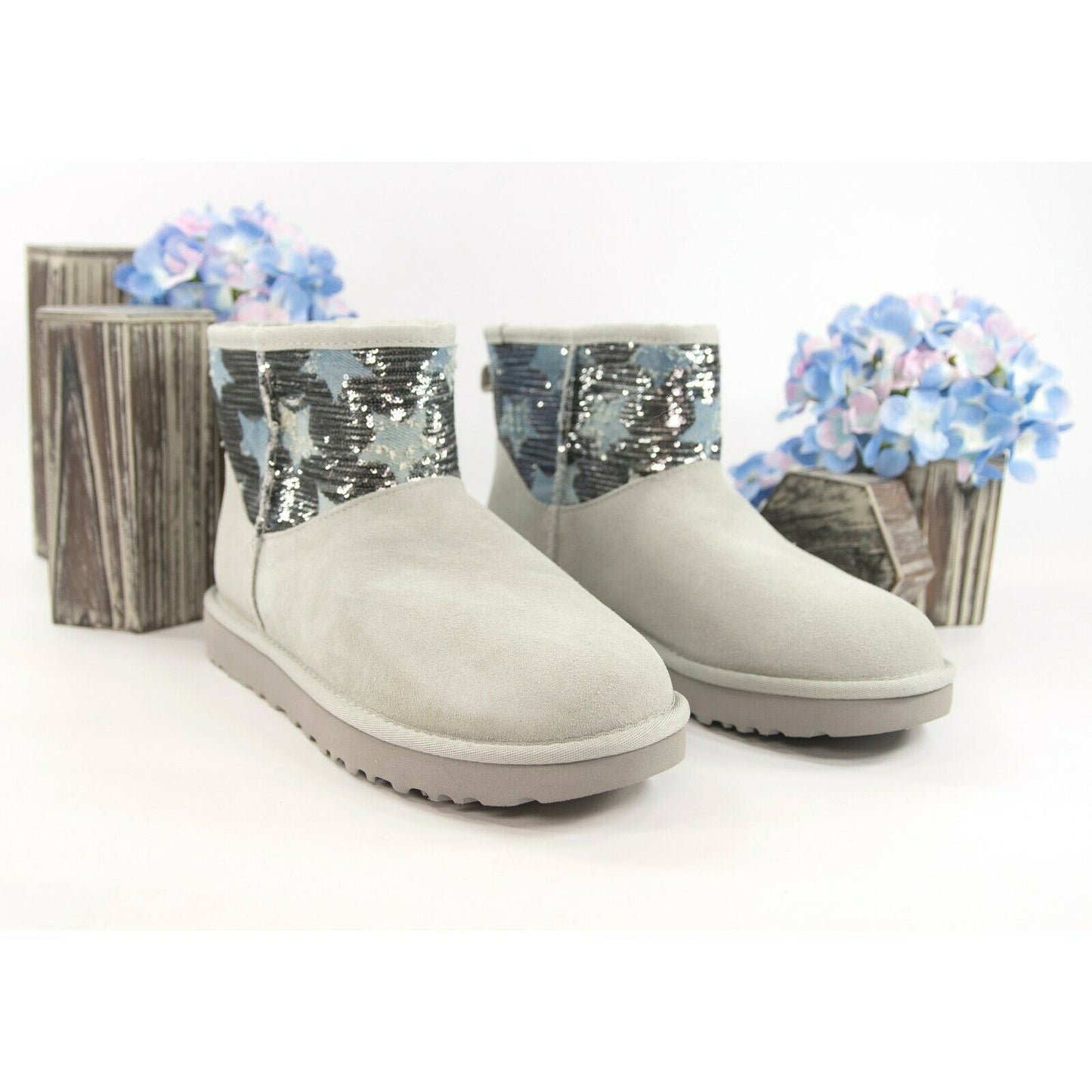 UGG Classic Mini Distressed Stars Sequin Sheepskin Suede Boots Size 7 NWOB